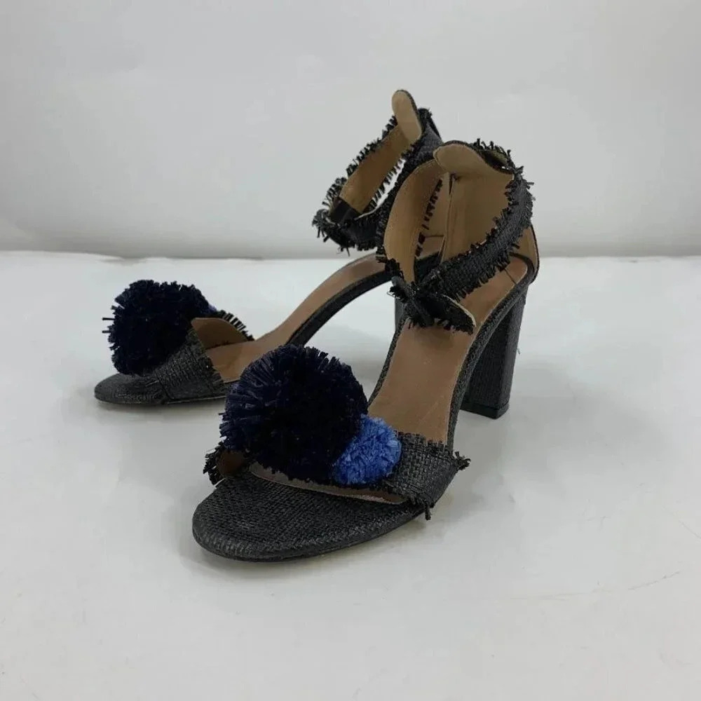 All Black Open-toe Raffia Fringe Pompom Block Heels Ankle Strap Sandals Size 7.5